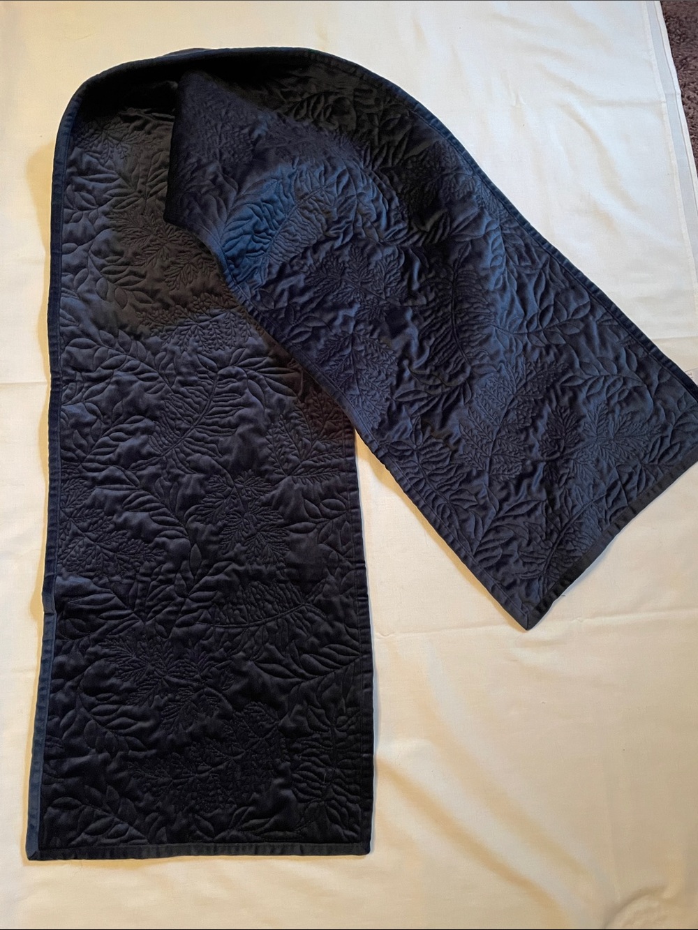Lillian August Table Runner Midnight Blue Velvet Quilted Autumn Fern Pattern
